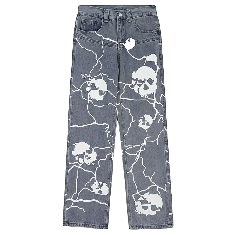 

Модные трендовые джинсы TRAF с принтом молнии и черепа, мужские и женские свободные прямые брюки в американском стиле хип-хоп