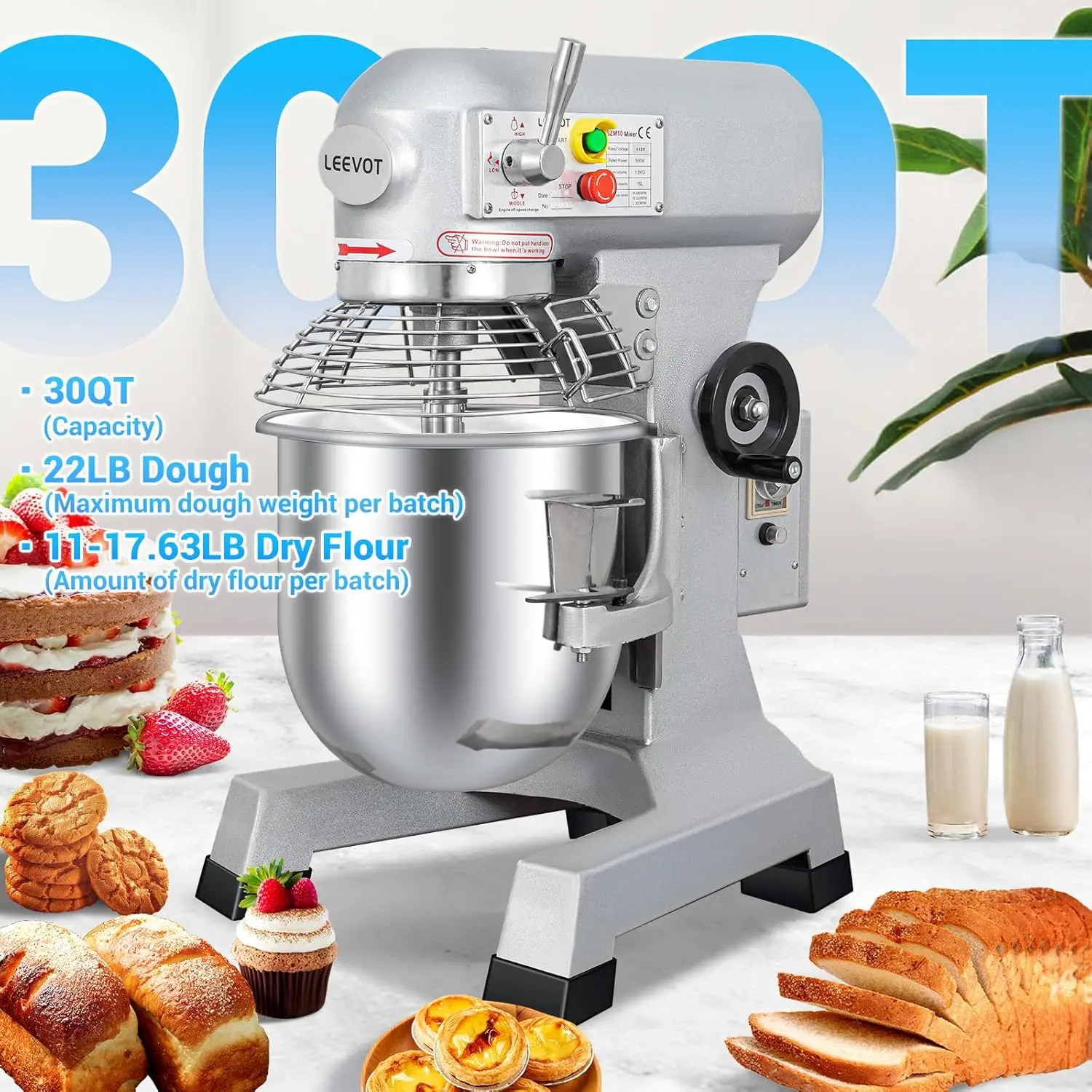 1250W Commercial Food Mixer, Commercial mixer 3-Speed Adjustable Heavy Duty Stand Mixer with Stainless Steel Bowl for Bakery Piz 2