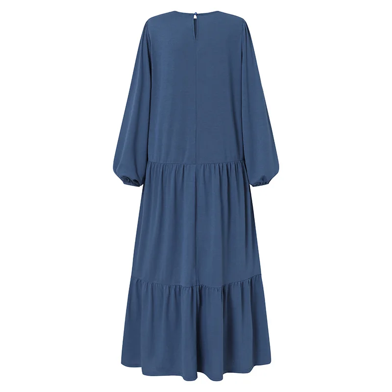 Ramadan Solid Ruffle Hem Abaya, Elegant Puff Sleeve Maxi Length Dress, Women's Clothing