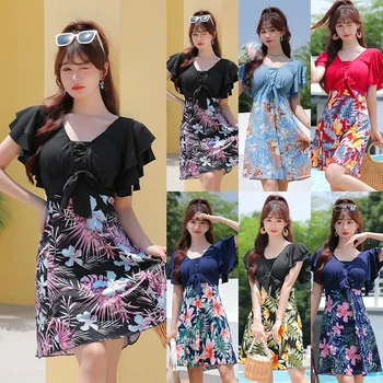Ladies plus Size One-Piece Swimsuit Floral Print Beach Vacation Thermal Spring Resort Slimming Tummy Covering Swimwear
