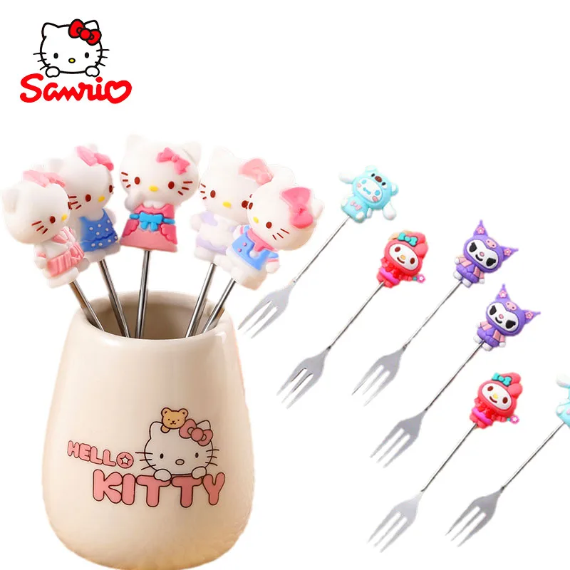 

Hello Kitty Melody Kuromi, керамическая плитка, силиконовая нержавеющая сталь, пищевая вилка для десертов, детский набор вилок для фруктов