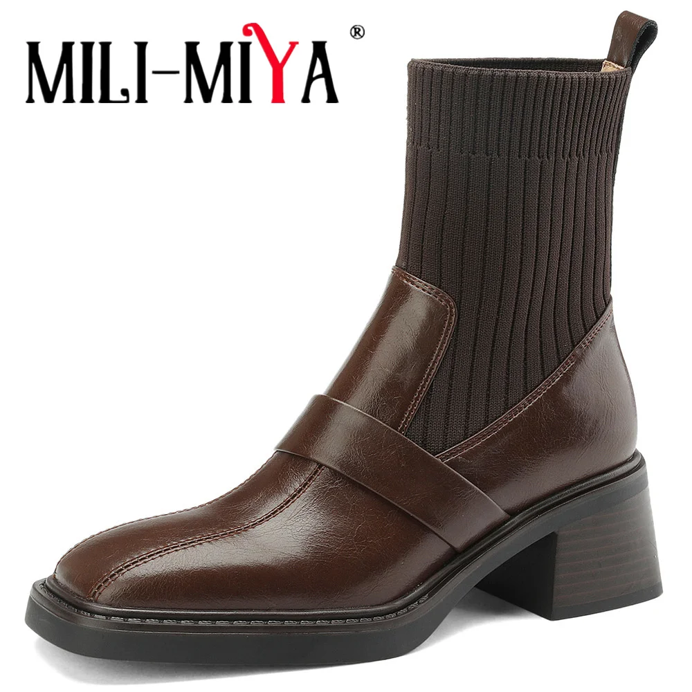 

MILI-MIYA New Arrival Women Cow Leather&Stretch Kitting Splicing Ankle Boots Square Toe Thick Heels Slip On Solid Color Handmade