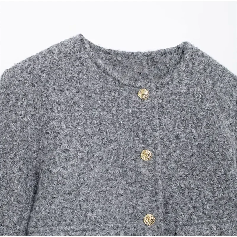 Elegant Woolen Blends Coat For Women O-neck Metal Button Gray Long Sleeve Pockets Jackets Autumn Lady High Street Outwear