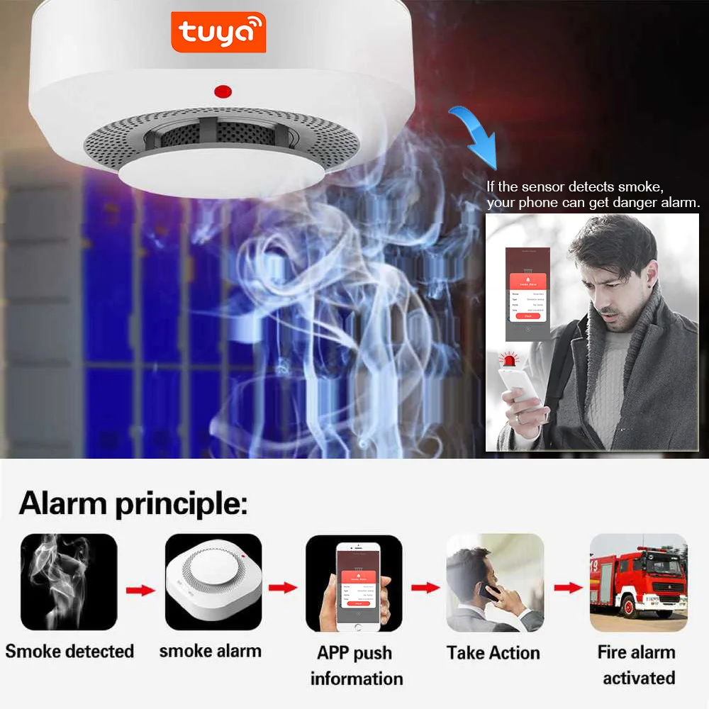 Tuya-Détecteur de fumée avec fonction WiFi, alarme sonore PIR, maison et cuisine, salon familial, capteur de chambre d'enfant, contrôle d'incendie de magasin, vie intelligente