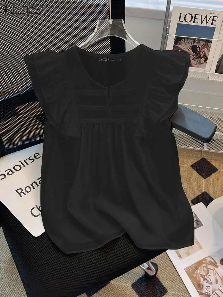 

Винтажные топы ZANZEA 2024 с круглым вырезом, летняя шифоновая блузка, модная Однотонная рубашка с оборками на рукавах, повседневные Свободные корейские плиссированные Блузы