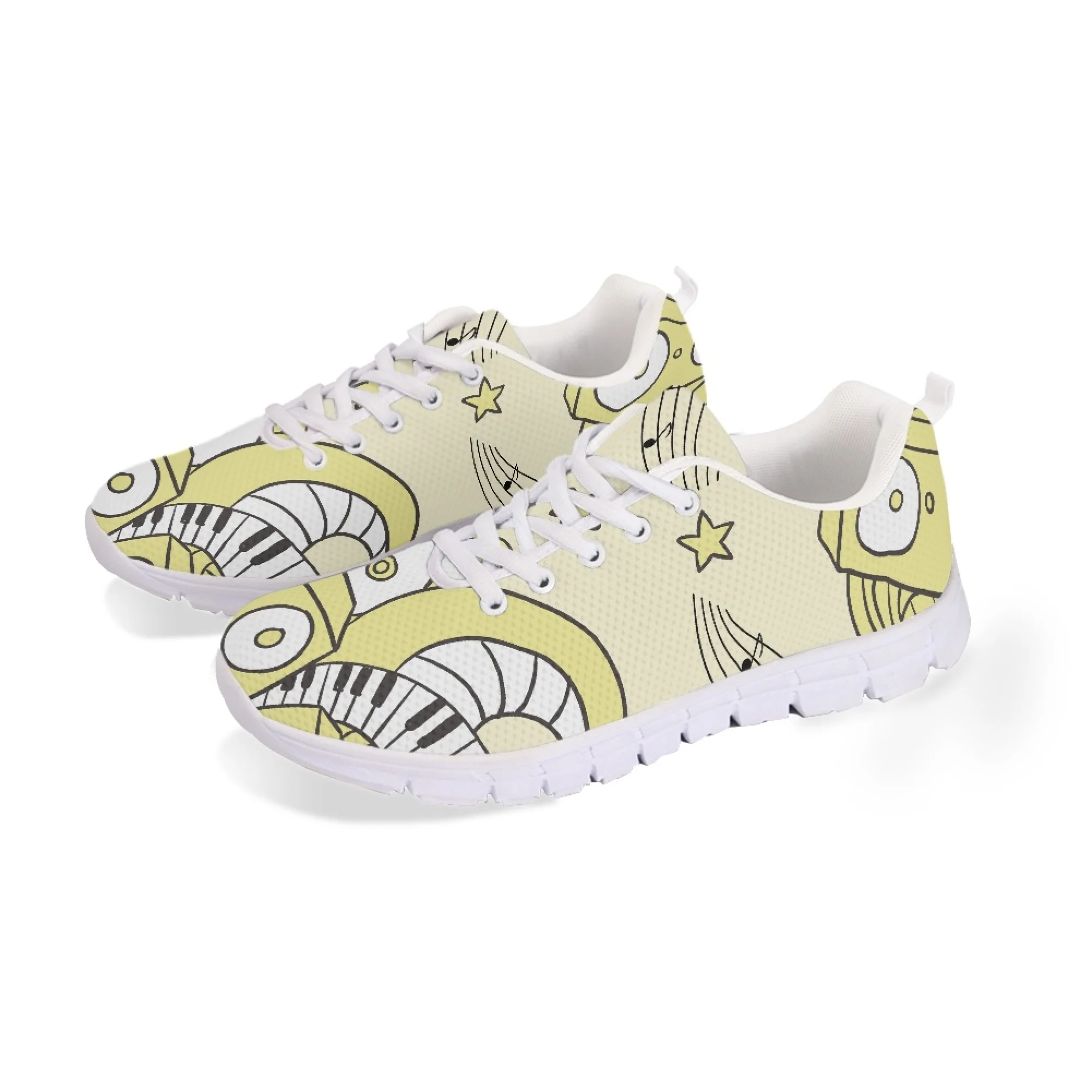 Yikeluo New Style Women Lace up Sneakers Casual Musical Notes Flat Shoes Breathable Soft Print Running Shoes for Femme