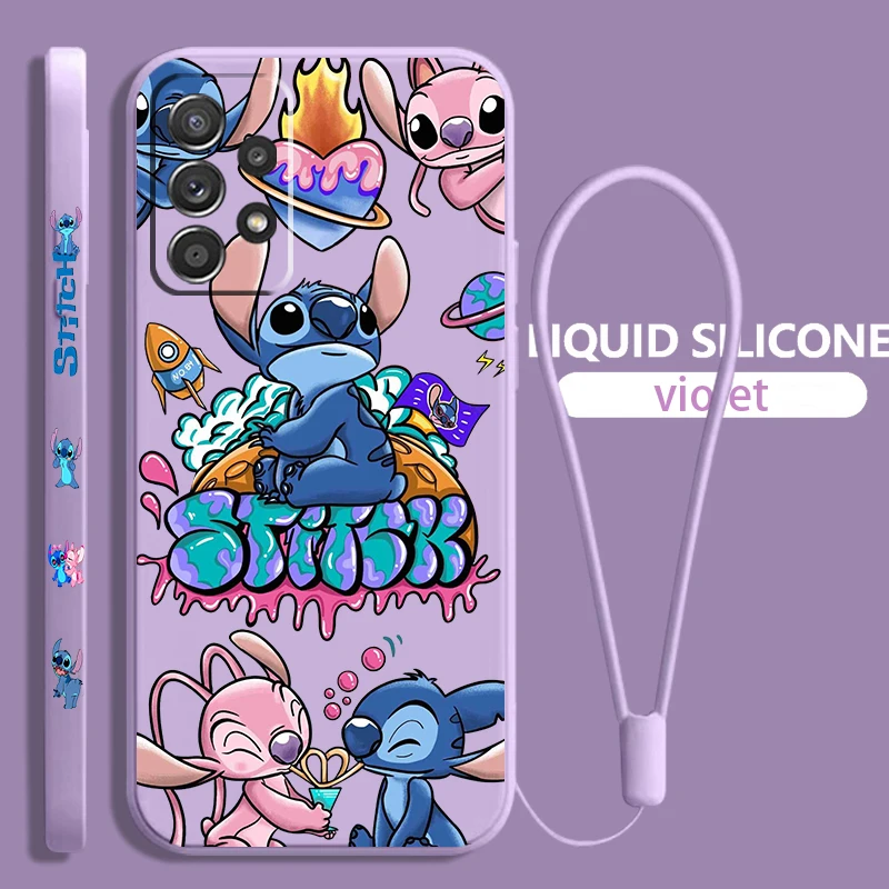 Stitch Anime Cute Art Per Samsung Galaxy A73 A54 A34 A53 A33 A52 A32 A22 A71 A51 A21S 4G 5G Liquid Left Rope Phone Case Fundas