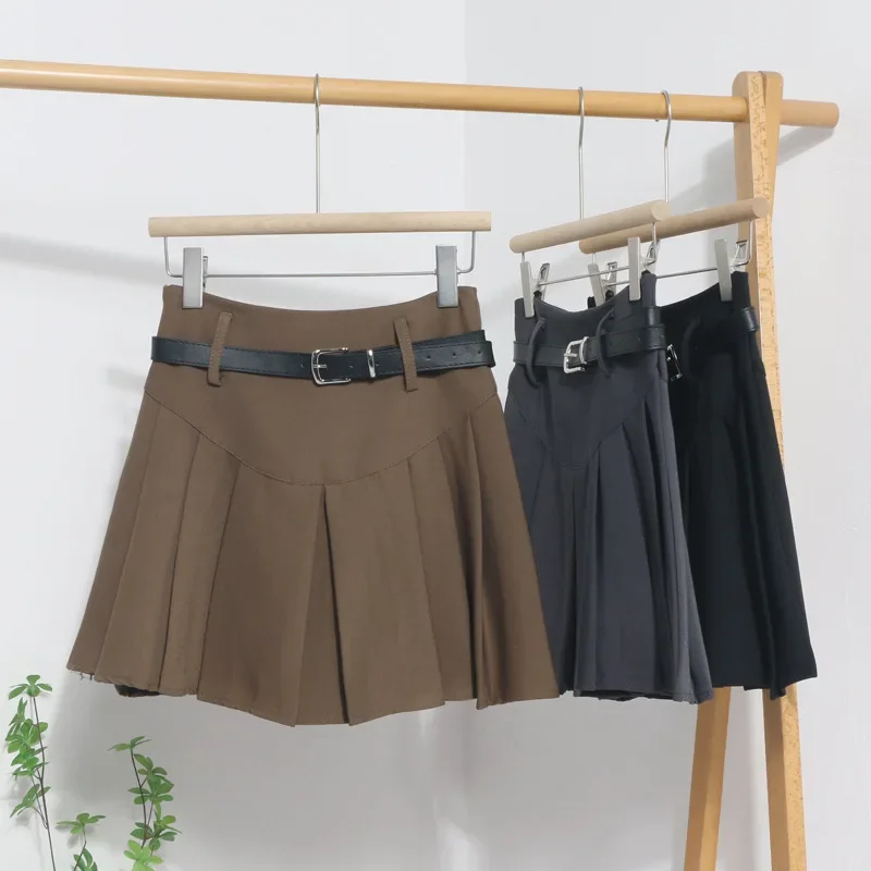 

Spring Summer Solid Skirts for Women Sexy Mini Skirts with Belted 2023 New High Waist Pleated Skirt A-Line Short Women's Skirt