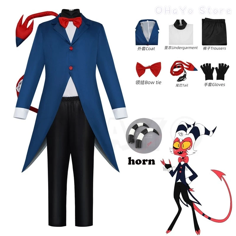 

Anime Helluva Boss Moxxie Cosplay Costume Party Hotel Tail Outfit Horns Hazbin Halloween Carnival Men Kids Moxxie Uniform Suit