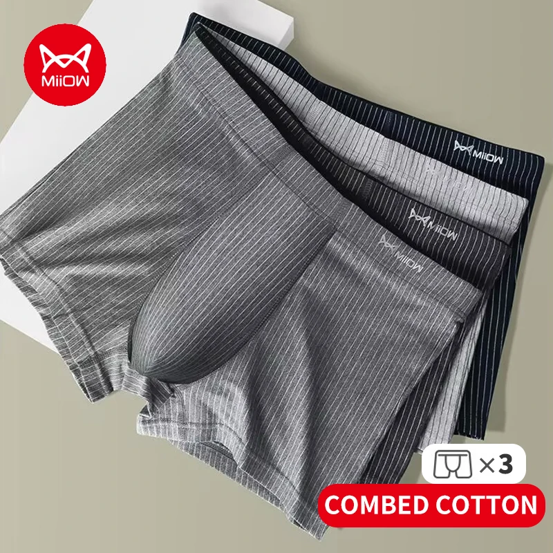 MiiOW 3Pcs Cotton Striped Men Underpants Boxers Shorts Breathable Man Underwear Graphene Antibacterial Men's Panties Boxershorts