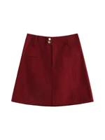 FSLE Women Winter Mini Skirts High Waist Two Button Design Female Twill Retro Denim Red Short Skirt 100% Cotton Skirt 24FS14564 - Image 5