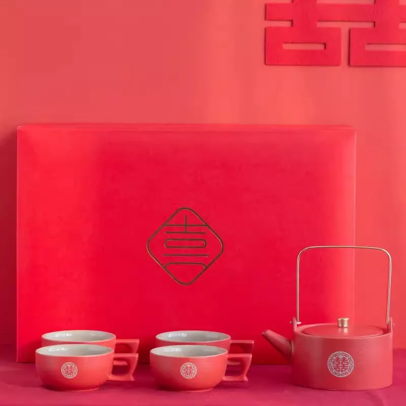 Red joy Tea Cup set for bride, wedding, living room, new