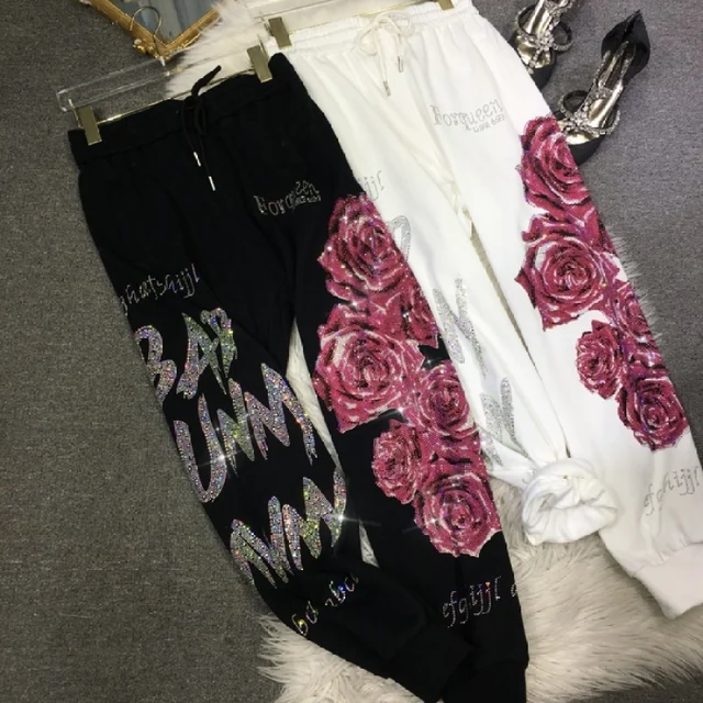 XL-4XL Plus Size 150kg Women's Pants Rhinestone Flower Big Size Sweatpants Casual Streetwear High Waisted Baggy Pants Woman