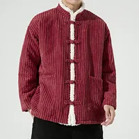 2024 Chinese Style Men Warm Spring Festival Long Sleeve Thickened Cotton Jacket Coat Winter Plush Stand Collar Corduroy Overcoat 1