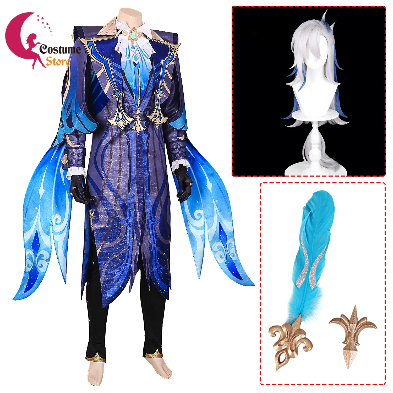 

Neuvillette Cosplay Costume Genshin Fontaine Impact Uniform Wig Cloak Gloves Chief Justice Fontaine Halloween Party Carnival