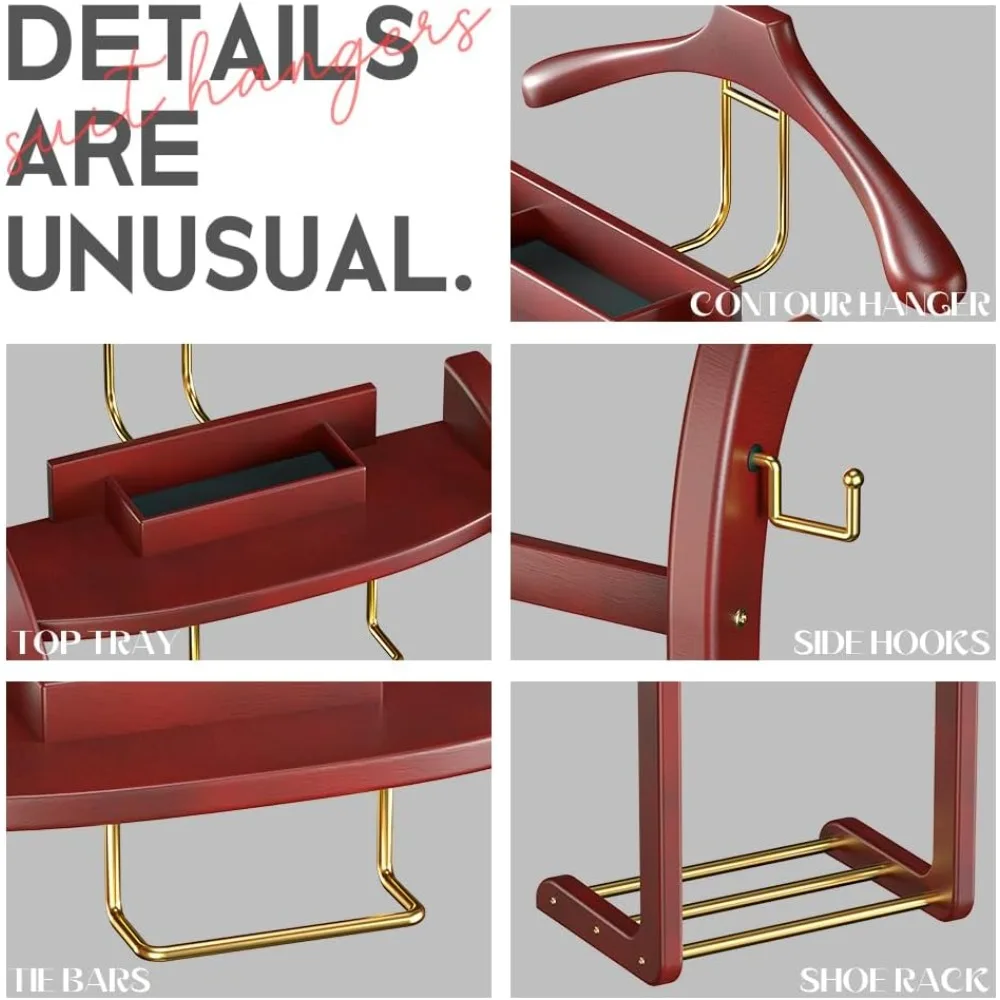 suit valet stand for men and women, wood clothing valet stand suit with contour hanger, tray, trouser bar, tie bar and shoe rack