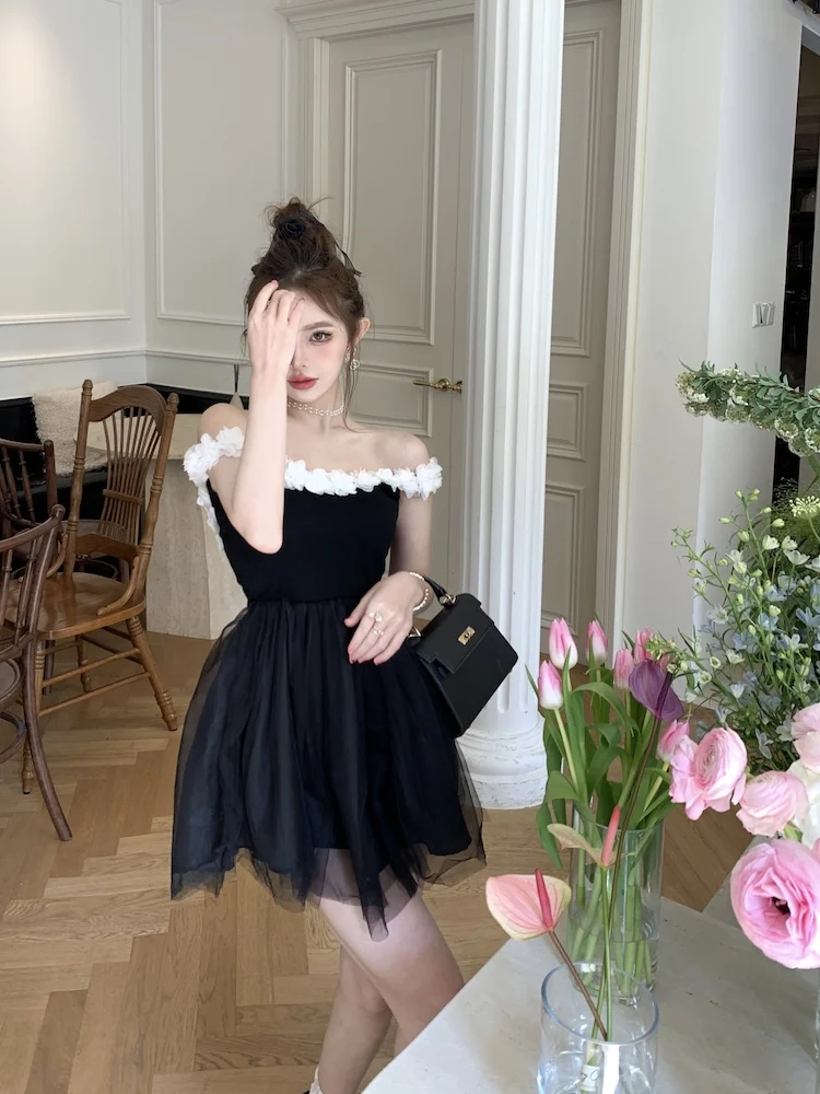 

DALMAZZO Ballet Wind Spaghetti Strap French Princess Mini Dress Women Sleeveless Elegant Patchwork Mesh Ball Gown Vestido Female