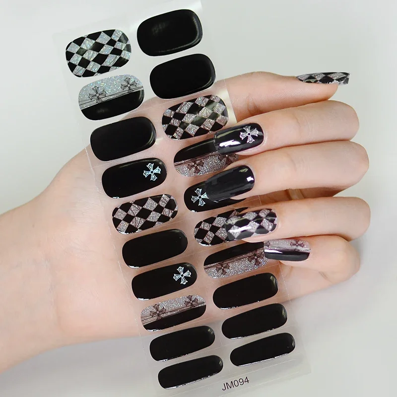 20Tips Semi-Cured Gel Nail Strips Long Lasting Star Full Cover UV Light Gel Cured Wraps Black Nail Art Decorations