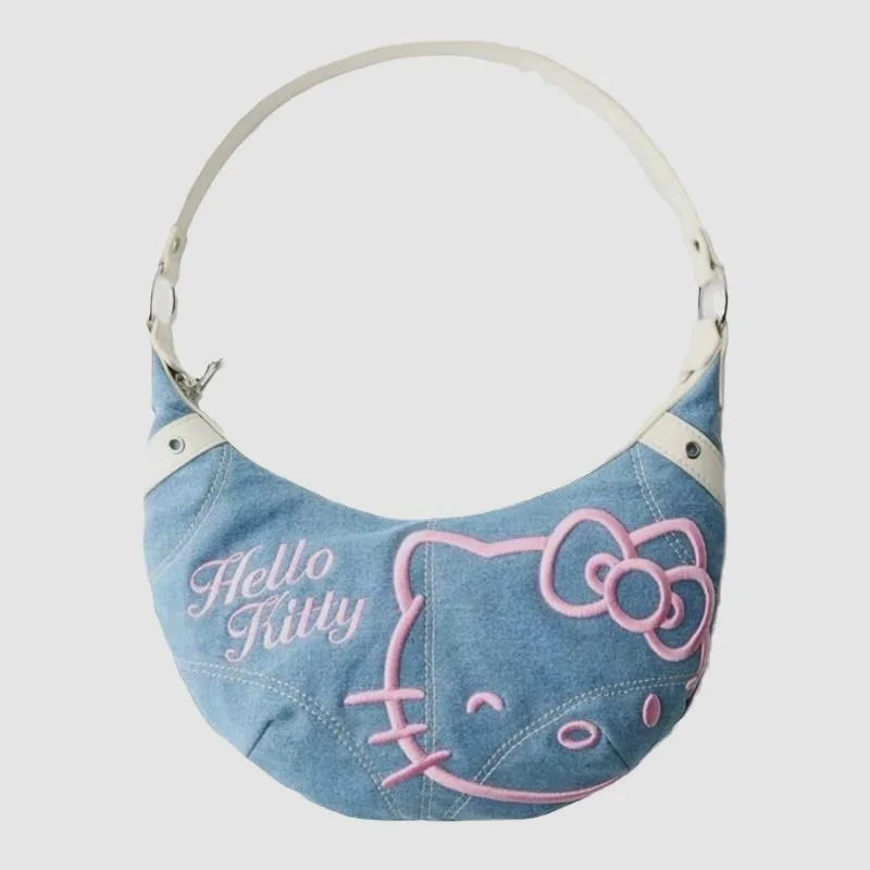 MBTI Hello Kitty Womens Handbag Vintage Denim Cute Embroidery Cartoon Fashion Shoulder Bag New Ladies Casual Daily Armpit Bag