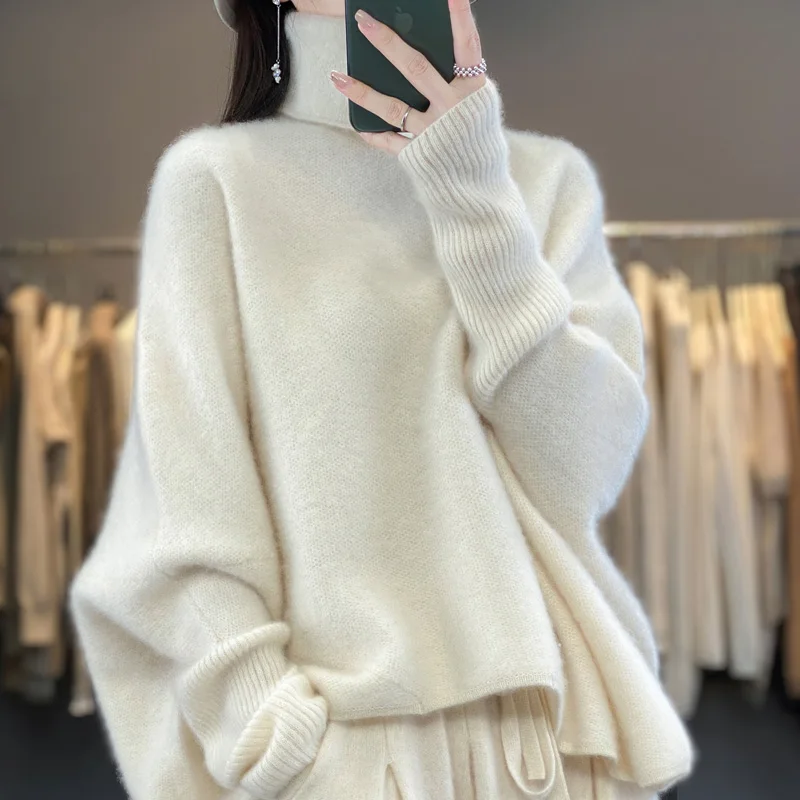 

Autumn/Winter New Cashmere Sweater Women's High Lapel Jumper 100% Merino Wool Loose Bat Sweater Fashion Korean Oversized Top