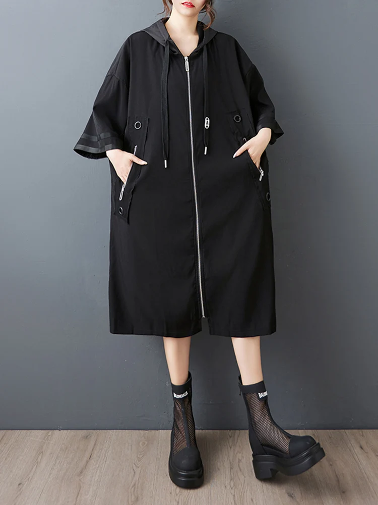 Oversized Hooded Trench Coat For Women Zipper Patchwork Pocket Casual Loose Black Vintage Outerwear Cardigan Spring Autumn 2025