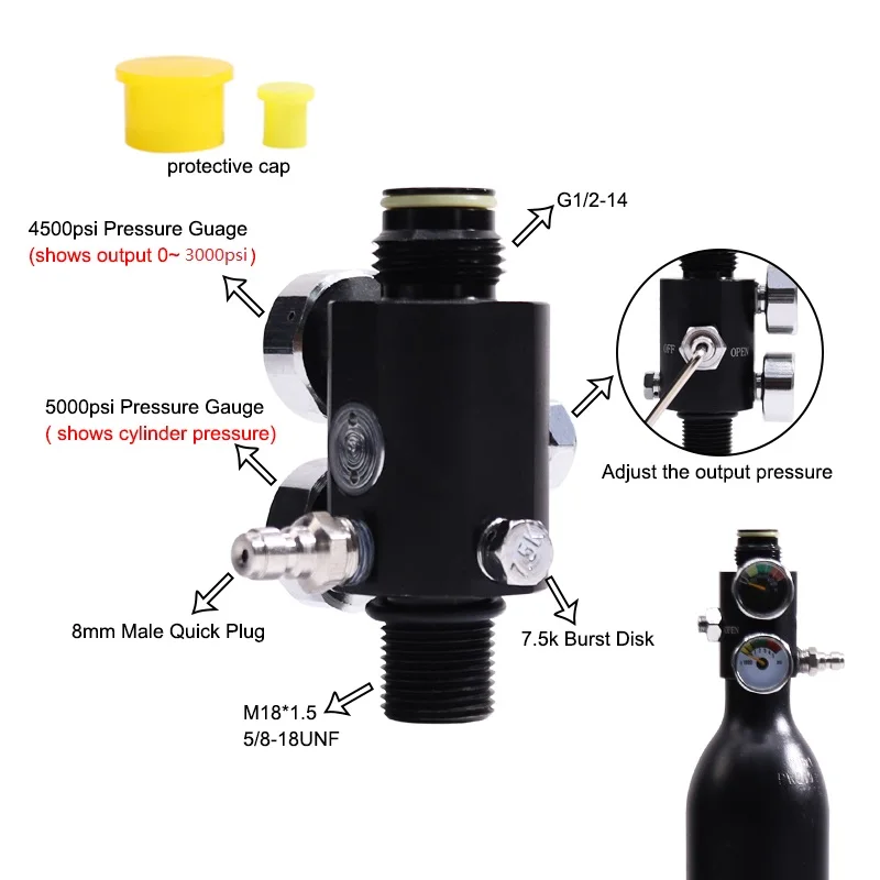 TUXING HPA Tank Regulator Valve M18*1.5 Thread 5000PSI Compressed Air Cylinder A