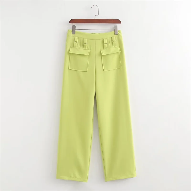 

Woman Casual Green High Waisted Pocket Straight Pants 2023 Spring Female Solid Basic Zipper Pant Girls Fashion Cargo Pants