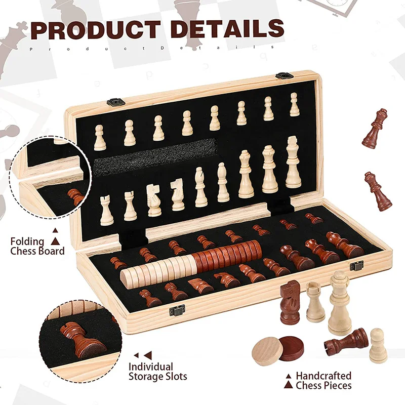 39cm Wooden Chess Checkers Set 2 In 1 Foldable Interior Storage Space Chessboard Extra Queens Home Travel Games Perfect Gifts