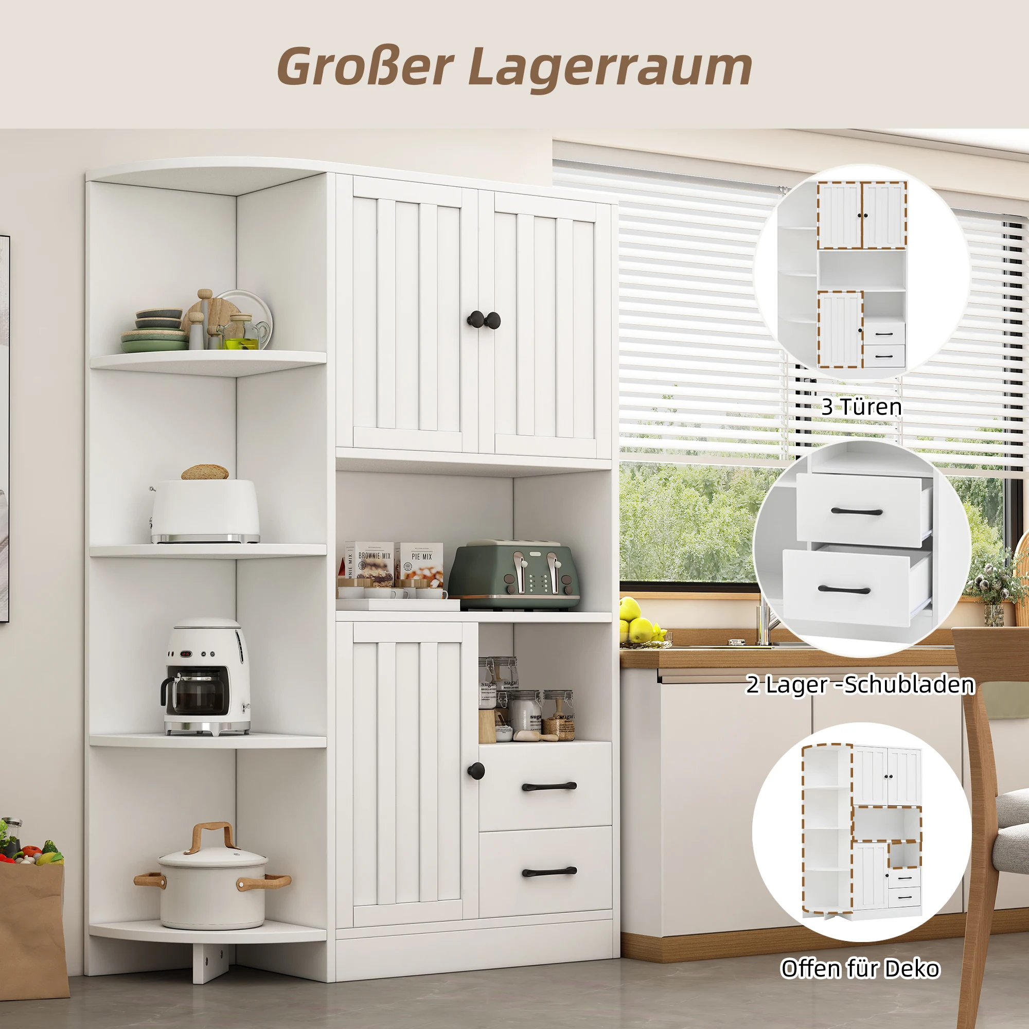 KOMHTOM Weiße Wohnzimmervitrine mit 3 Schränken, 2 Schubladen und 14 Lagerbereichen – Detail 3