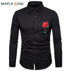 Retro Floral Shirts Men New 2018 Luxury Rose Embroidery Dress Shirt Long Sleeve Chemise Homme Social Streetwear Hawaiian Shirt