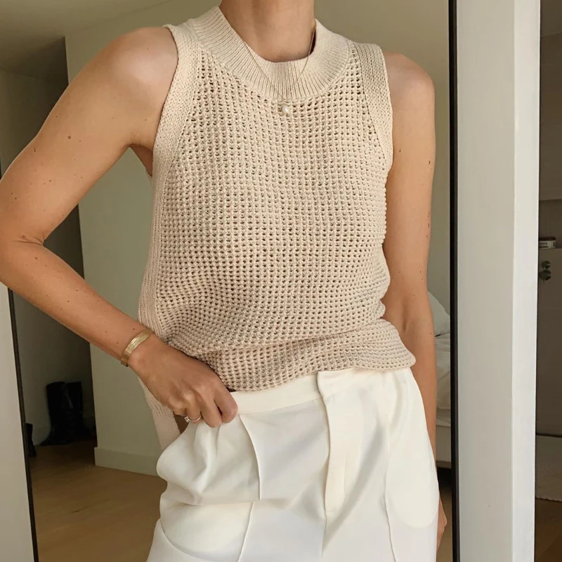 Summer Hollow out Svel Knitted Ice Silk ort Top Women's Faionable  Color round Ne Pullover Outerwear Vest
