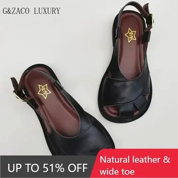 Genuine Leather Wide Toe Sandals Women's Big Shoes Summer Original Cowhide Breathable Non-slip Soft Sole Casual Sandal 1