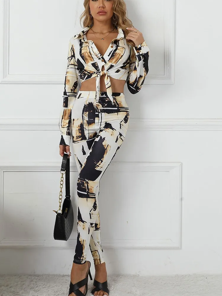 

Женский комплект из 2 предметов, повседневный элегантный топ с принтом и длинным рукавом, облегающий комплект для отдыха, весна-осень 2024