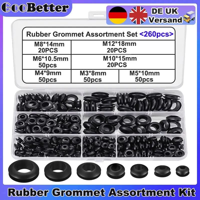 

260Pcs Rubber Grommet Assortment Kit Seal Eyelet Ring Gasket Car Grommets Set for Protect Wire Cable Hole Sealing Washer Rings