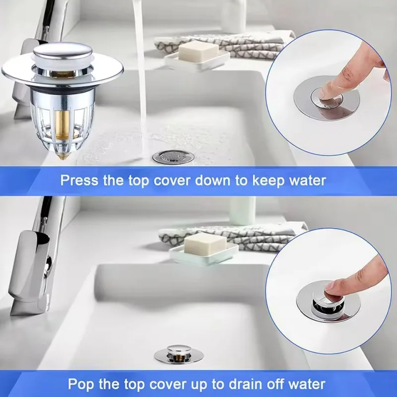 Universal Pop Up Drain Plug Anti-Clogging Hair Catcher Chrome Bathroom Sink Filter Stopper Push Type Bounce Core Basin Strainer