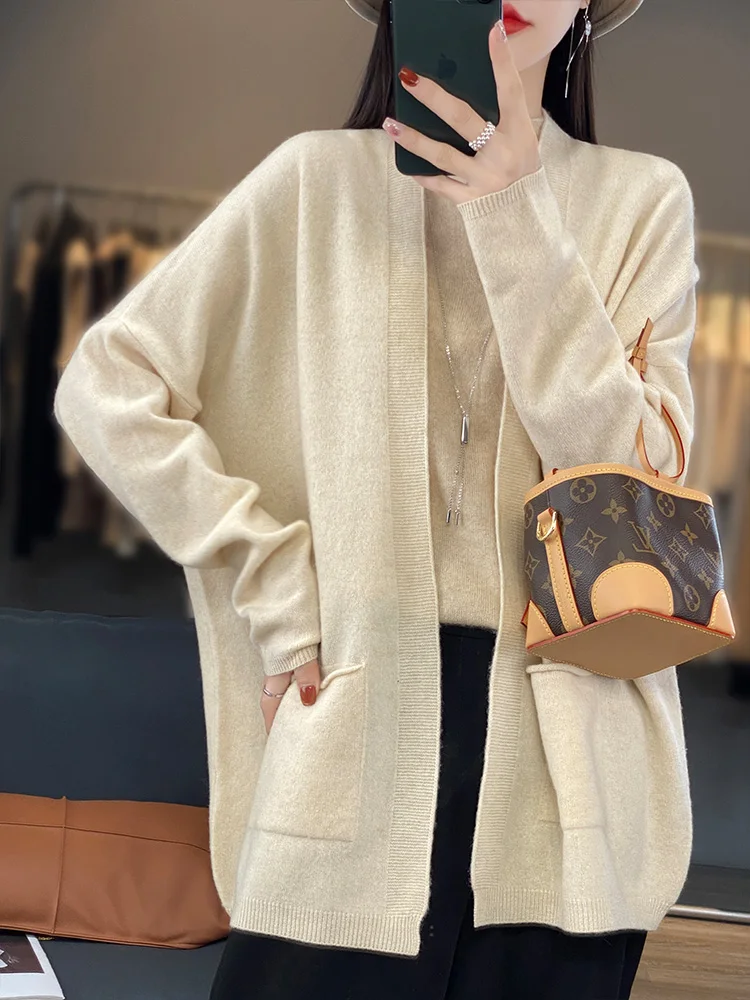 

Korean version 2024 pure wool cardigan women's spring and autumn V-necktie pocket medium length jacket sweater wool knitted top