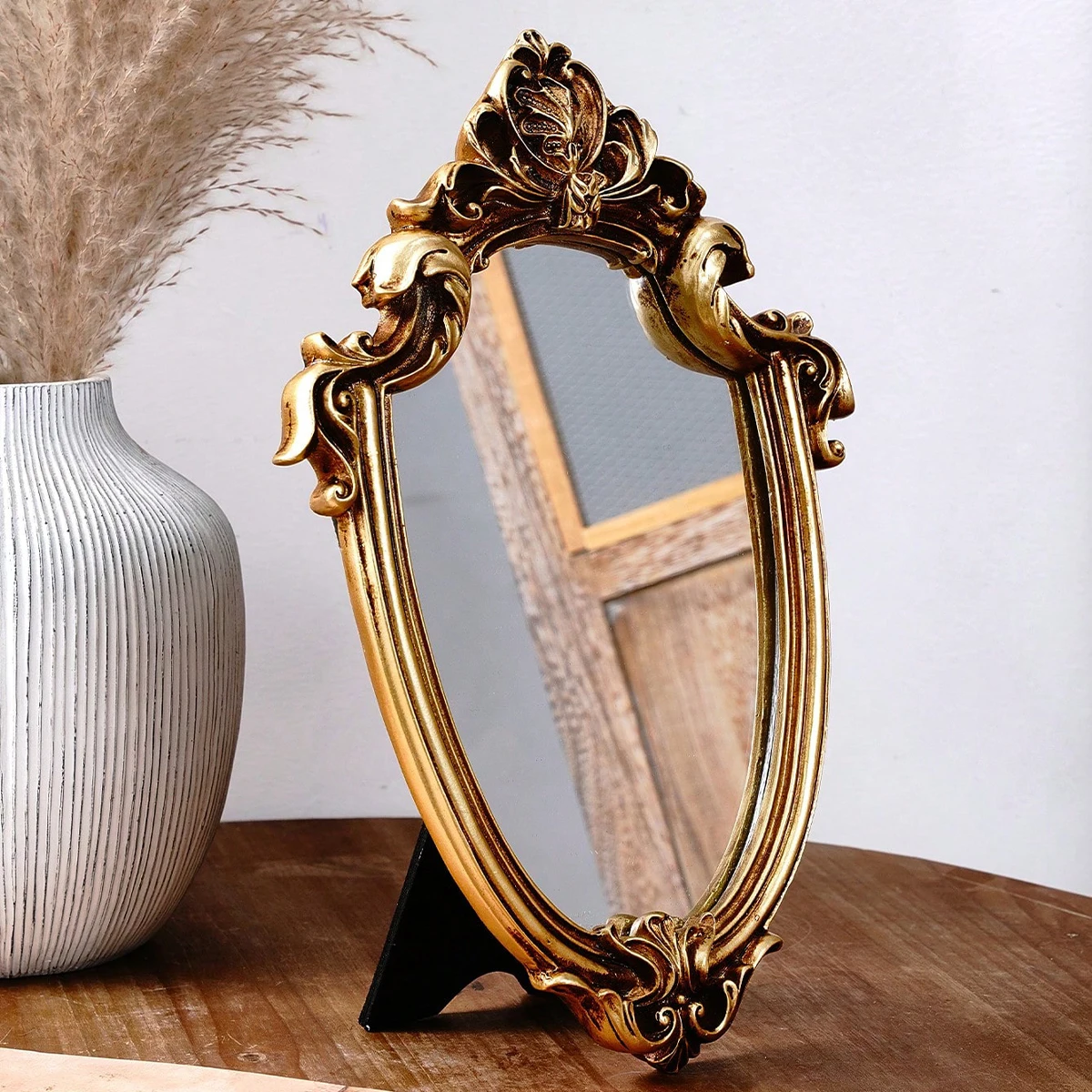 1 PC, resin material European classical style gold pattern special-shaped mirror ornament, can be hung or placed