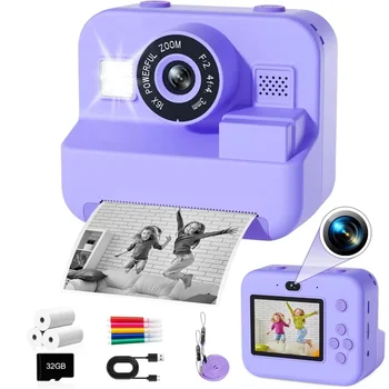 Children's Mini Digital Video Camera with Thermal Printing & Multiple Image Stabilization, 32GB Card Included