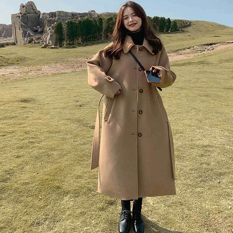 

Korean Style Single Breasted Woolen Coats for Women 2023 Winter Warm Belt Loose Overcoat Woman Solid Color Chic Long Coats Mujer