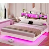 King Size Floating Bed Frame with Storage Headboard and Power Outlet，LED Lights, Solid Wood Slats Support,Velvet White 1