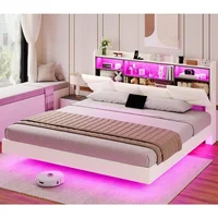 King Size Floating Bed Frame with Storage Headboard and Power Outlet，LED Lights, Solid Wood Slats Support,Velvet White 1