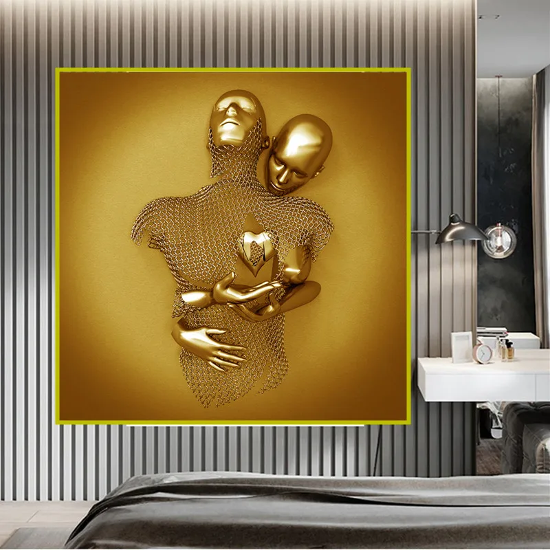 

European Style Wall Decor Couple Painting Abstract Metal Figure Statue Canvas Poster Home Bedroom Living Room Hotel Decoration