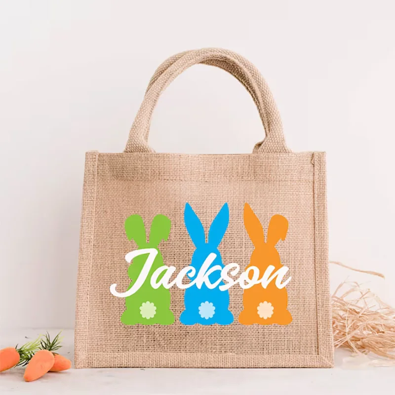 

Personalized boy girl name Bunny rabbit happy Easter bag Egg Hunt game basket rustic Farmhouse decoration children kid gift Sack