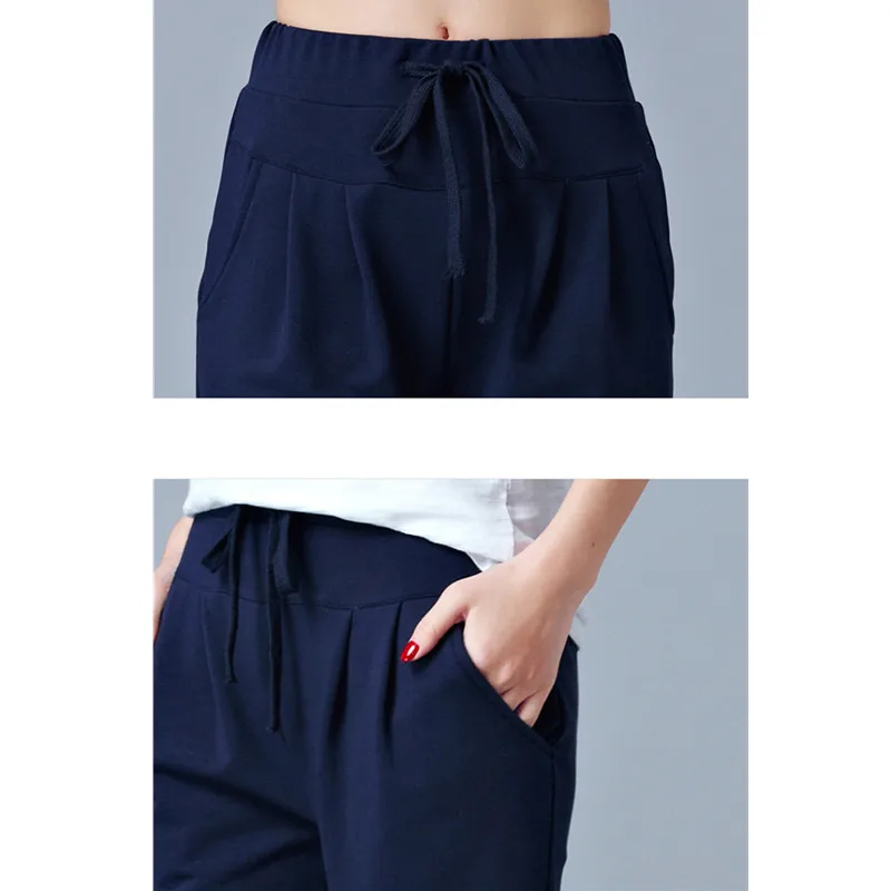 Women Blue High-waisted Stretch Cropped Pants, Summer Gray Lightweight Athletic Harem Pants, Black Drawstring Shorts. 2