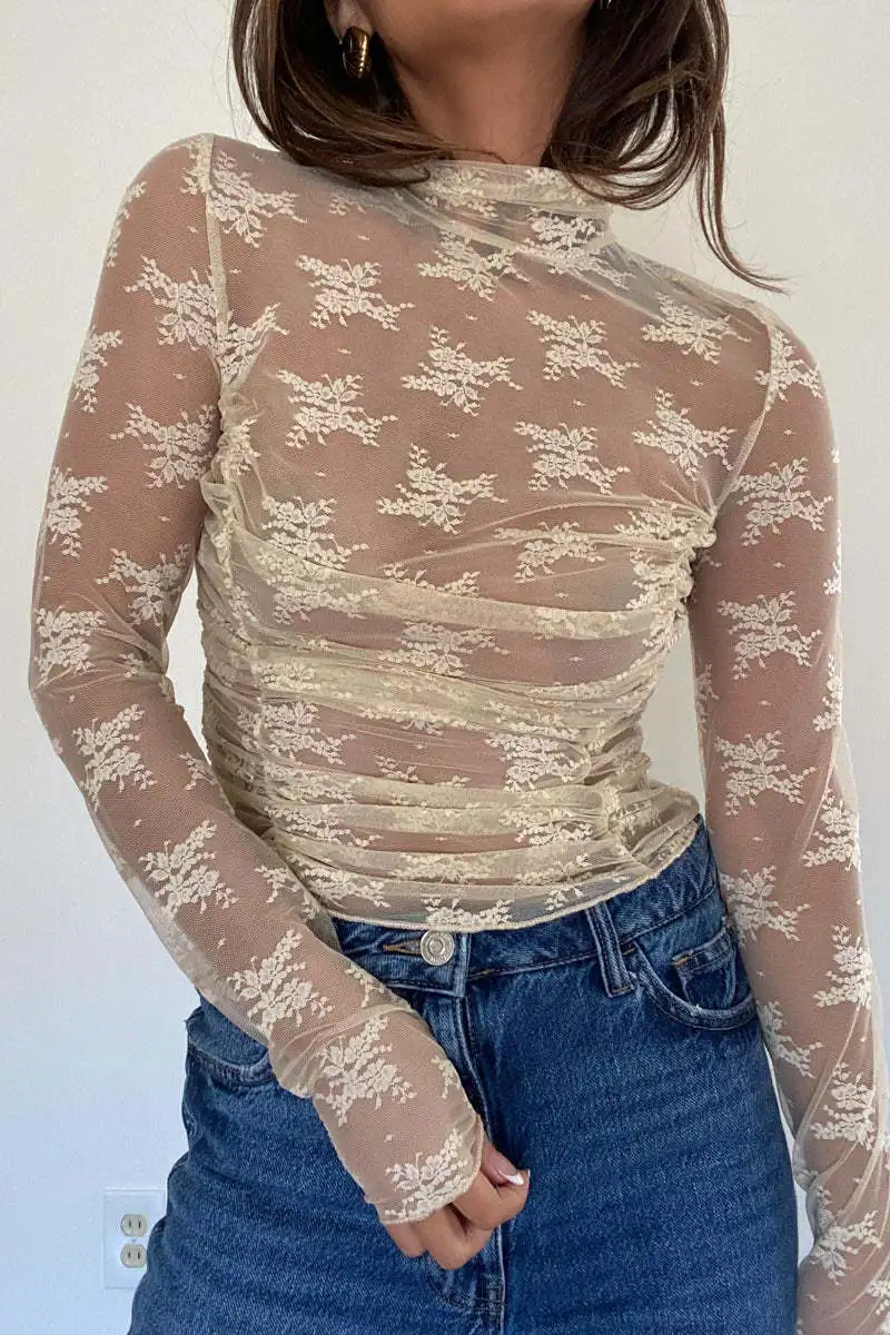See-Through Lace Mesh T-shirt For Women Long Sleeve Printed Fashion Sexy Summer Contrast Pullover Female Slim Tee Top