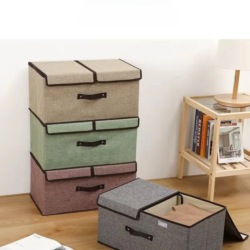 Cotton and Linen Double Lid Storage Box Foldable Large Storage Box Miscellaneous Sorting Box Covered Underwear Storage Box Bags 2