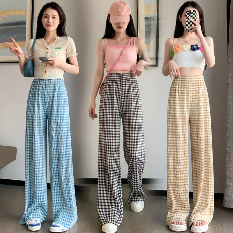 

Pleated Plaid Wide-leg Pants Women Summer 2023 Korean Fashion High Waist Straight Trouser Y2k Casual Baggy Folds Streetwear New