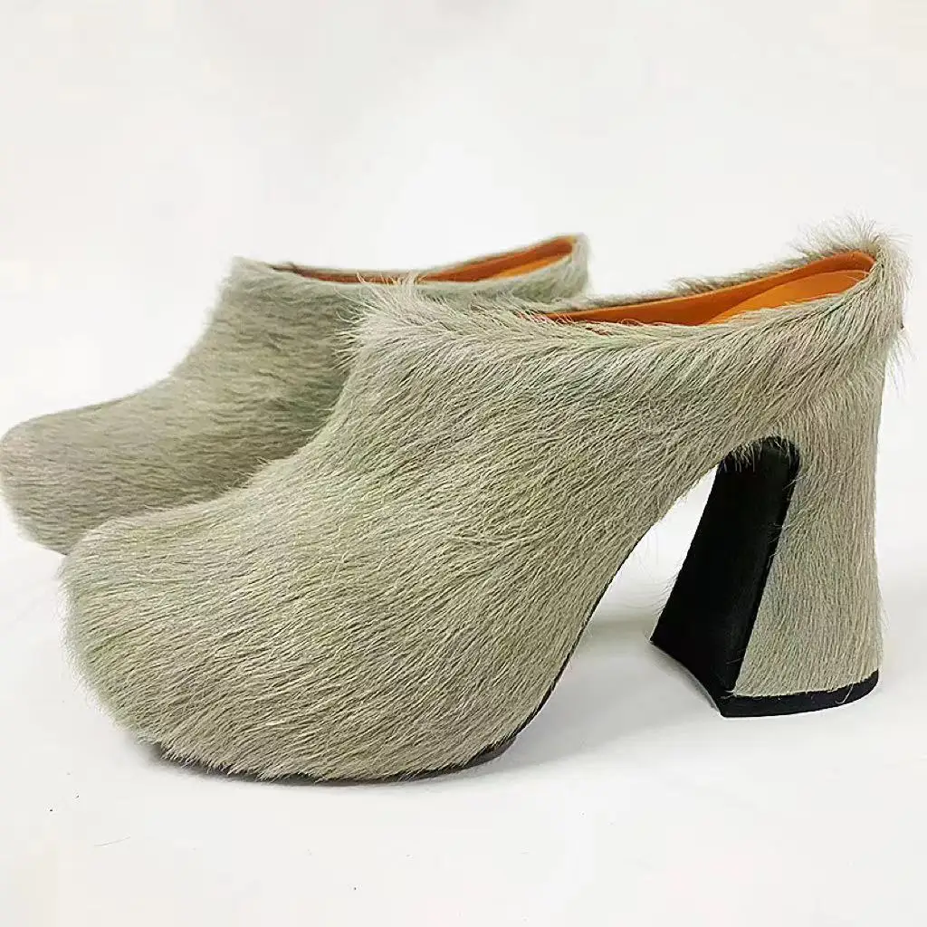 Deluxe Designer High Heels Horsehair Fashion Casual Shoes 2024 Italian Leather Fur Slippers Women Mule Thick Shoes