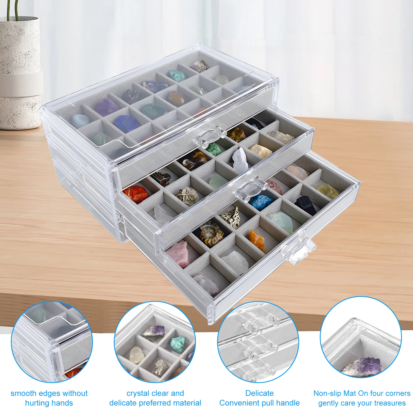 Vitrine En Acrylique Pour Collection De Pierres - 54 Compartiments, 3 Tiroirs - 15,5 X 23,7 X 10,8 Cm - Avec Velours