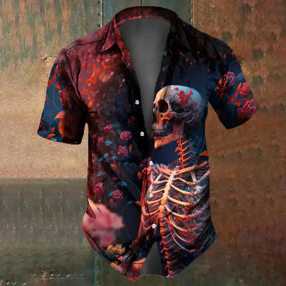 Retro Flower Skull Print Men's Shirt Summer Fashion Street Hip Hop Tops Oversized T-Shirts casual short sleeved shirt short sleeved shirt